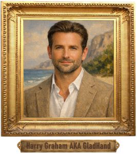 A framed oil painting style portrait of a middle aged man shown from head to chest, with neatly styled brown hair, blue eyes, and light stubble. He wears an open neck white shirt and a beige tweed jacket. He stands on a sandy beach, with a calm sea on the left, green foliage on the right, and a distant granite cliff. The background is softly blended and indistinct, with visible canvas texture and warm, natural tones. Beneath the picture is a brass plaque bearing the name Harry Graham AKA GladHand 