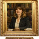 A realistic oil painting of a middle aged woman seated behind a wooden desk in a headteacher’s office. She has shoulder length, softly highlighted brown hair with a low fringe and a calm, professional smile. She wears a pale cream blouse and a dark suit jacket. Behind her are well stocked wooden bookcases filled with books. The lighting is warm and balanced, and the portrait shows her head, shoulders, and hands resting near open books on the desk. Beneath the picture is a brass plaque bearing the name Felicity Good AKA FeelyGood.