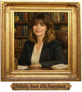 A framed oil painting of a middle aged woman seated behind a wooden desk in a headteacher’s office. She has shoulder length, softly highlighted brown hair with a low fringe and a calm, professional smile. She wears a pale cream blouse and a dark suit jacket. Behind her are well stocked wooden bookcases filled with books. The lighting is warm and balanced, and the portrait shows her head, shoulders, and hands resting near open books on the desk. Beneath the picture is a brass plaque bearing the name Felicity Good AKA FeelyGood. 