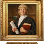 A framed oil painting of a female UK barrister, about 45 years old, with blonde hair and blue eyes, wearing a traditional barrister’s wig and black court robes with white bands. She stands calmly in an empty, wood panelled courtroom, holding a rolled legal scroll and a red law book, with soft lighting and no other people visible. Beneath the picture is a brass plaque bearing the name Angela Holmes AKA Sherlock.