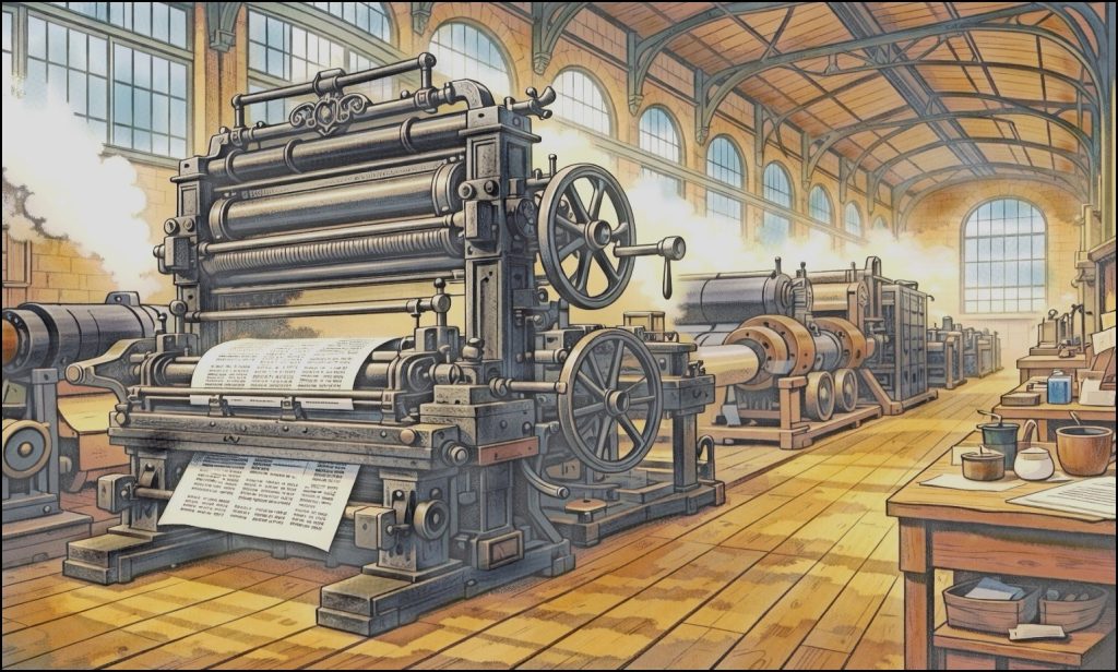 A colourful hand-painted anime-style illustration of a 1950s newspaper printworks. One old, large black-ink printing press dominates a spacious hall with arched windows, wrought-iron beams, and a warm wooden floor. Sunlight streams in, illuminating paper rolling through the machines, while wooden tables and desks line one side of the room. Steam appears to be rising from machinery beside and beyond the press.