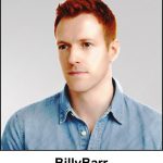 A watercolour painting of of a clean shaven man aged 33. He has short red auburn hair and fair skin, and dark green eyes. He’s wearing a light blue denim shirt. He has a neutral, thoughtful expression and is looking slightly to the side. The image is labelled BillyBarr. 