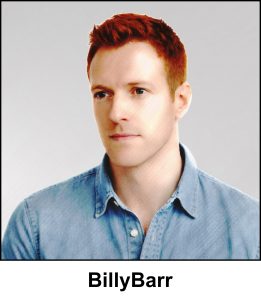 A watercolour painting of of a clean shaven man aged 33. He has short red auburn hair and fair skin, and dark green eyes. He’s wearing a light blue denim shirt. He has a neutral, thoughtful expression and is looking slightly to the side. The image is labelled BillyBarr.