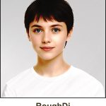 A watercolour painting of a pretty 13 year old orphan with a dark brown pixie haircut and a short textured fringe. She has fair skin, blue eyes, and a slight, neutral smile. She is wearing a simple white crew-neck T-shirt. She has a reputation as a rough diamond so the image is labelled with her nickname RoughDi.