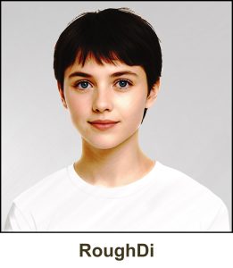 A watercolour painting of a pretty 13 year old orphan with a dark brown pixie haircut and a short textured fringe. She has fair skin, blue eyes, and a slight, neutral smile. She is wearing a simple white crew-neck T-shirt. She has a reputation as a rough diamond so the image is labelled with her nickname RoughDi.