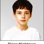 A watercolour painting of 9 year old boy with short brown hair and blue eyes, wearing a white T shirt. He looks calm with an enigmatic smile, but he has a reputation for getting up to mischief. The image is labelled SkippyNightmare 