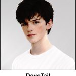 A watercolour painting of a friendly 14 year old boy with dark brown, slightly messy hair and light freckles across his cheeks and nose. He has a calm, neutral expression and is wearing a plain white T shirt. The image is labelled DoveTail.
