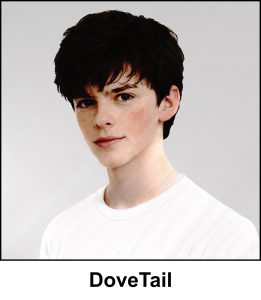 A watercolour painting of a friendly 14 year old boy with dark brown, slightly messy hair and light freckles across his cheeks and nose. He has a calm, neutral expression and is wearing a plain white T shirt. The image is labelled DoveTail.