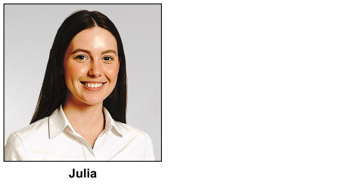 A water colour painting of a waitress aged 22 years old, looking happy and cheerful. She has long dark chocolate brown hair, and deep chestnut brown eyes. A gorgeous smile and perfect white teeth. She is wearing a smart, clean white blouse, and she has no jewellery. The image is labelled Julia .