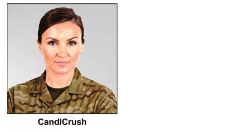 A watercolour painting of a smart, attractive 33 year old female military officer with chestnut coloured eyes, and medium ash brown hair. Her hair is brushed back into a tight bun behind her head. There's a look of concentration on her face and she has a hint of a smile. She's wearing gold stud earrings, dark eye shadow, and pale pink lipstick. Over a dark olive T shirt Commander Crush is wearing MTPs (Multi Terrain Pattern, AKA camouflage). The image is labelled CandiCrush.