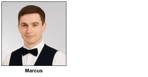 A watercolour painting of of a young man in his early twenties. He has neat well groomed short hair, hazel eyes and a calm smile. Marcus looks like the archetypal waiter, white shirt, black waistcoat and bow tie. He works in the family business, a posh restaurant called Magnum Opus. He plays cricket for Lancaster, and he runs a Irish folk group called The Filthy Peasants (pianist and more).