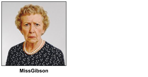 A watercolour painting of a 73 year old lady with short golden blonde curly hair with traces of grey. Mel Gibson lives in a retirement home and suffers from dementia. Her eyes are brown and she has a confused expression. She is wearing a navy blue dress with a simple printed pattern of white leaves. She wears a necklace which is a single line of pearls, but no earrings. The image is labelled MissGibson.
