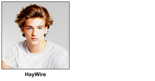 A watercolour painting of an 18 year old young man - he has fly away blonde hair and blue eyes - in this relaxed pose he has a thoughtful and neutral expression - he is wearing a white T shirt - the image is labelled HayWire