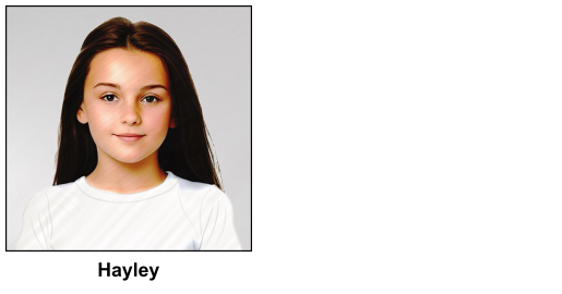 A watercolour painting of orphan Hayley, a sweet 8 year old girl, she has long brown hair and stunning hazel eyes tinged with a little green - in this relaxed pose she has a calm neutral expression with a hint of a smile - she is wearing a white T shirt against a grey background. The image is labelled Hayley
