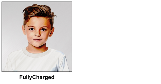 A watercolour painting of orphan FullyCharged, a hyperactive 8 year old boy, he has plenty of golden brown hair on top, which at the sides is neatly under control. His eyes are a deep chestnut colour - uncharacteristically calm in this pose he has a neutral expression with a hint of a smile - he is wearing a white T shirt. The image is labelled FullyCharged