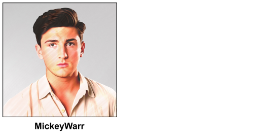A watercolour painting of a 20 year old man with a plain, slightly puzzled expression on his face. His chestnut eyes are focussed on the camera. He has short dark brown hair with an abundant quiff on top. And a slightly tanned complexion. His beige collared shirt has the top three buttons undone. The image is labelled MickeyWarr.