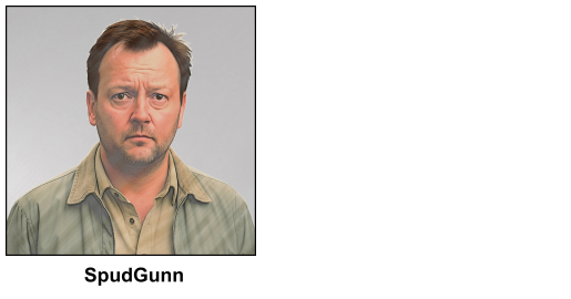 A watercolour picture of a 30 year old fat man with dark brown, wind-tousled hair, which is receding a little. He is wearing a beige shirt and a khaki jacket. He has sad brown eyes, and an anxious look on his face. He hasn't shaved for a week and generally looks clueless. The image is labelled SpudGunn