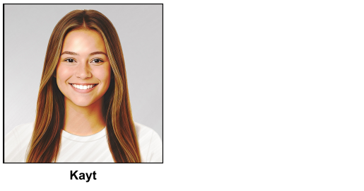 A watercolour painting of an attractive 16 year old girl posing for a headshot - she has gorgeous long dark golden blonde hair - her eyes are dark hazel brown - her face has a picture perfect smile revealing lovely white teeth - medium build, she is wearing a white T shirt - the image is labelled Kayt (Manx, pronounced Cat, meaning kitty)