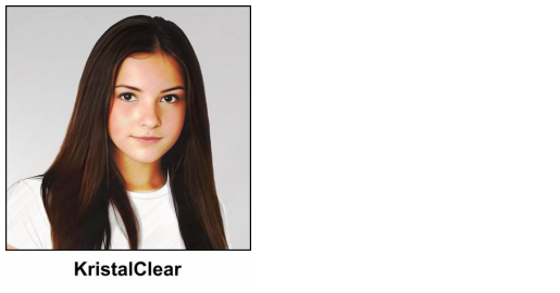 A watercolour painting of an attractive young girl aged 16. She has beautiful long straight deep brown hair and her eyes are chestnut coloured. Her face has a gentle expression with a hint of a smile. She is wearing a plain white T shirt (and blue jeans out of shot). The image is labelled KristalClear (she is demi-psychic but cannot read human minds, only animals).