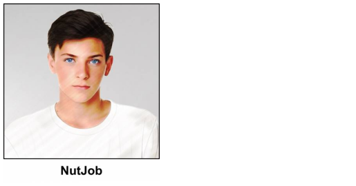 A watercolour picture of a charming young man aged 16. He has neat well groomed brown hair, his eyes are bright blue, and his face has an almost neutral expression although it looks as if he's concentrating. He's wearing a plain white T shirt against a light grey background. The image is labelled NutJob.