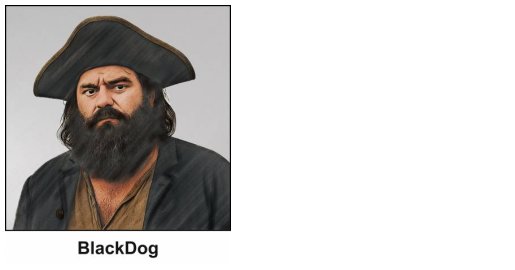 A watercolour painting of a pirate, he's the first mate (the second in command). A 45 year old man with straggly unkempt dark hair, an untidy full beard, and dark chestnut coloured eyes. He is frowning. He's a big, fat man, and he's wearing shabby clothes. A black bicorn hat with gold edging, a beige sackcloth shirt and a grey heavy jacket with gold buttons. the image is labelled BlackDog.