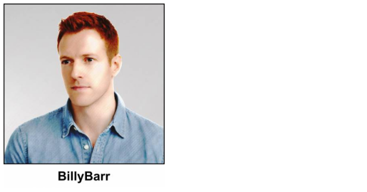 A watercolour painting of of a clean shaven man aged 33. He has short red auburn hair and fair skin, and dark green eyes. He’s wearing a light blue denim shirt. He has a neutral, thoughtful expression and is looking slightly to the side. The image is labelled BillyBarr.