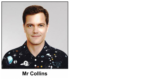 A watercolour painting of a male science teacher who is 35 years old and has a passion for the solar system. He has short brown hair and hazel eyes, and a gentle smile. At the annual pyjama party at the orphanage he appears on stage wearing his outer space pyjamas, the ones with bright planets and stars and a milky way set onto a dark cobalt blue background. Out of shot he also has his teddy bear who's wearing flying goggles. The image is labelled Mr Collins.