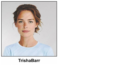 A watercolour painting of of a pretty lady aged 34. She has light natural brown hair styled in a messy updo with a few tendrils. She has a calm, pleasant expression, with a hint of a smile. She is wearing a plain pale blue top, no jewellery, not even earrings and she has minimalist cosmetics. The image is labelled TrishaBarr.