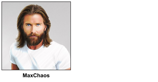 A watercolour painting of a bearded young man aged about twenty posing for a headshot - he has long hair down to the top of his shoulders with a colour that varies from golden blond to bronze to light brown - the beard is well groomed and his hair is neat if a bit long - his eyes are blue - his face has a neutral expression and it looks as if he has the merest hint of a frown - he is wearing a white T shirt - the image is labelled MaxChaos