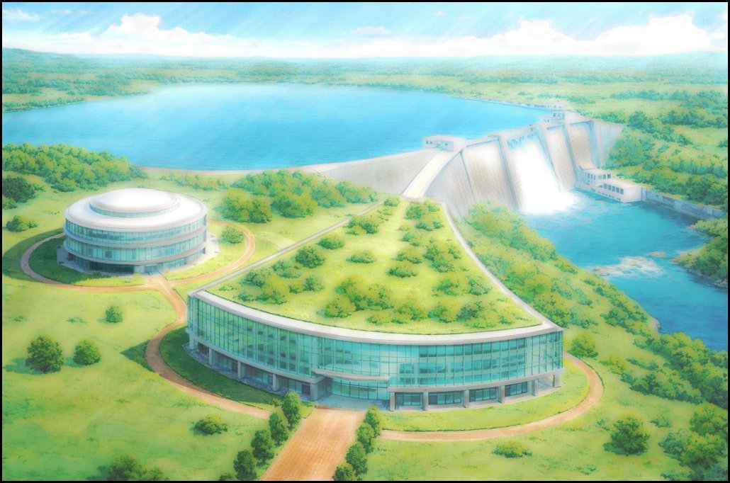 A digital anime style image of a modern power company complex beside a large reservoir and dam. In the foreground, a three storey triangular glass and concrete headquarters features a curved glass front, concave sides, and a simple green roof garden with grass and shrubs. Nearby stands a smaller circular three storey research building with a shallow domed roof, surrounded by lawns. Natural terracotta coloured gravel paths connect the buildings and loop around them, while a straight tree lined road leads to the main entrance through open green fields. In the background, water flows over the dam into a calm lake, with rolling countryside and scattered trees under a bright blue sky with a few clouds.