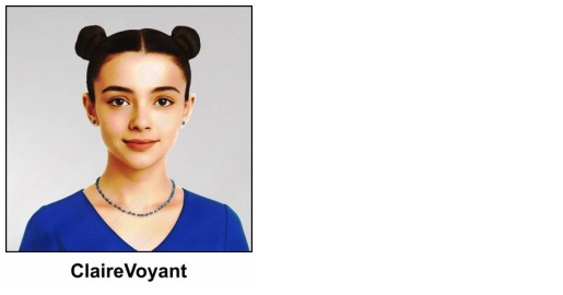 A watercolour painting of a 13 year old orphan girl who vaguely resembles Princess Leia with dark brown hair parted in the middle, creating two pigtails and coiled into buns, secured with bobby pins (the Cinnamon Bun style). She has deep chestnut coloured eyes and a pleasant smile. Her tiny blue ceramic earrings and matching necklace are simple, and match her Royal blue V neck dress. The image is labelled ClaireVoyant.