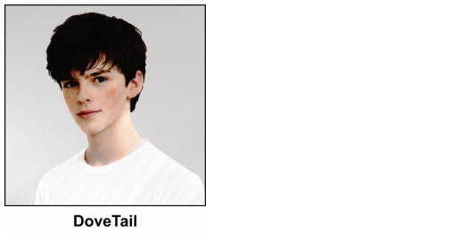 A watercolour painting of a friendly 14 year old boy with dark brown, slightly messy hair and light freckles across his cheeks and nose. He has a calm, neutral expression and is wearing a plain white T shirt. The image is labelled DoveTail.