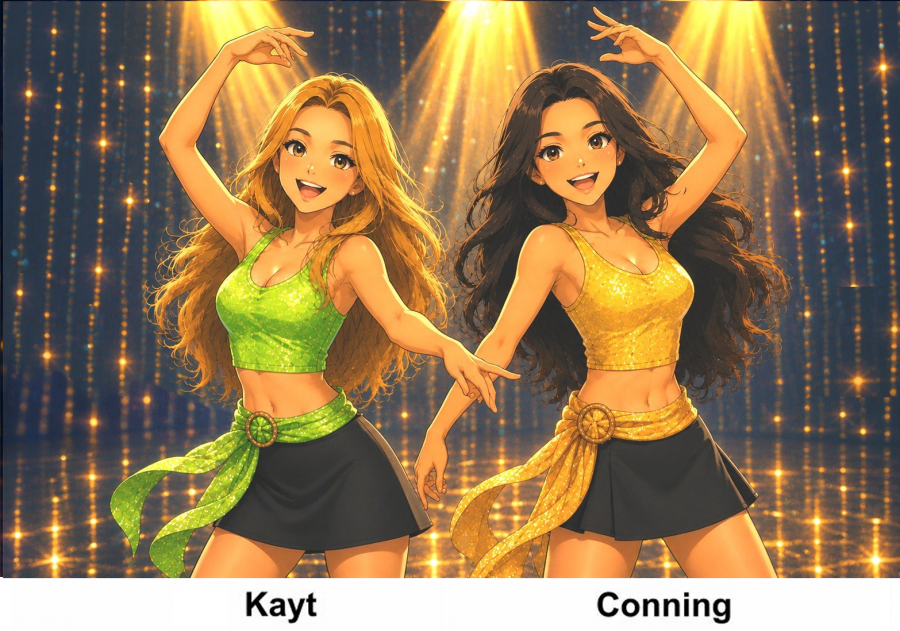 An anime style image of two girls on stage performing something like Dancing Queen by Abba (Abba was the inspiration for these two characters). Kayt - An attractive 17 year old girl. She has gorgeous long dark golden blonde hair and her eyes are dark hazel brown. Her face has a picture perfect smile revealing lovely white teeth. Over a curvaceous body she is wearing a lurid lime green crop top dance outfit with a black mini skirt and a green flyaway satin belt (Manx, Kayt pronounced Cat, meaning kitty). Conning - An attractive young girl aged 17. She has gorgeous long medium ash brown hair and her eyes are dark chestnut brown. Her face has a picture perfect smile revealing lovely white teeth. Over a curvaceous body she is wearing a powerful yellow crop top dance outfit with a black mini skirt and a yellow flyaway satin belt. (Manx, Conning pronounced KonYing, meaning bunny).